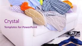  Presentation with messy - PPT theme enhanced with messy colorful male clothing on sofa on light background background and a lemonade colored foreground