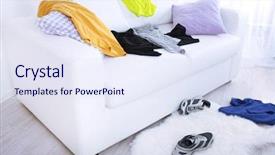  Presentation with messy - PPT theme with messy colorful male clothing on sofa on light background background and a sky blue colored foreground