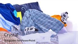  Presentation with messy - Colorful presentation enhanced with messy colorful male clothing on sofa on light background backdrop and a light blue colored foreground