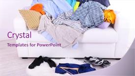  Presentation with messy - Slide set enhanced with messy colorful male clothing on sofa on light background background and a sky blue colored foreground