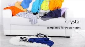  Presentation with messy - Slide set featuring messy colorful male clothing on sofa on light background background and a light gray colored foreground
