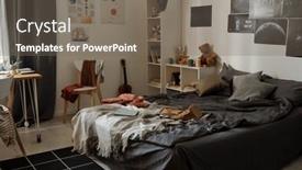  Presentation with posters - Slides featuring messy-double-bed-with-cushions background and a gray colored foreground