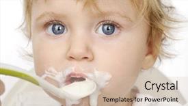  Presentation with baby girl - Audience pleasing presentation consisting of messy food - baby girl eating with spoon backdrop and a soft green colored foreground