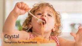  Presentation with spaghetti - Slide deck having messy food - beautiful blond child eating spaghetti background and a coral colored foreground