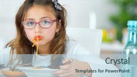  Presentation with messy - Presentation design with messy food - little girl eating spaghetti background and a sky blue colored foreground