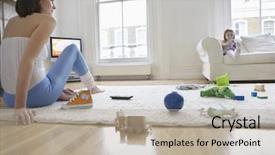  Presentation with floor - PPT theme consisting of messy kids room - woman sitting on floor surrounded background and a mint green colored foreground