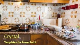  Presentation with messy - Presentation design featuring messy kitchen in domestic household - compulsive hoarding syndrom background and a tawny brown colored foreground