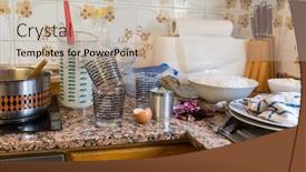  Presentation with messy - Cool new PPT theme with messy kitchen in domestic household - compulsive hoarding syndrom backdrop and a soft green colored foreground