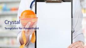  Presentation with tape measure - PPT layouts consisting of metabolic medicine - nutritionist holding orange with measure background and a sky blue colored foreground