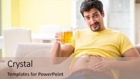  Presentation with obese - Colorful presentation theme enhanced with big checks - fat obese man holding beer backdrop and a coral colored foreground