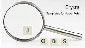  Presentation with blonde holds a magnifying glass - Theme consisting of metal analyzer instrument - jobs word and magnifying glass background and a white colored foreground