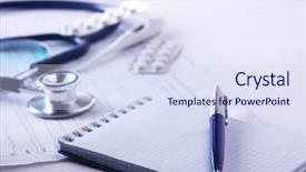  Presentation with medical desk - Cool new PPT theme with metal analyzer instrument - medical stethoscope on electrocardiogram backdrop and a sky blue colored foreground