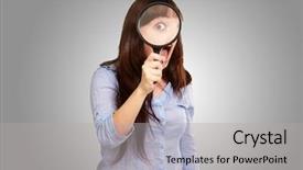  Presentation with magnifying glass - PPT layouts enhanced with metal analyzer instrument - woman holding magnifying glass isolated background and a light gray colored foreground