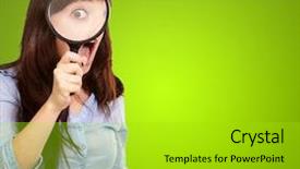  Presentation with blonde holds a magnifying glass - Cool new theme with metal analyzer instrument - woman holding magnifying glass isolated backdrop and a  colored foreground