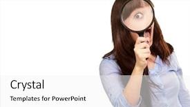  Presentation with blonde holds a magnifying glass - Cool new presentation theme with metal analyzer instrument - woman holding magnifying glass isolated backdrop and a white colored foreground