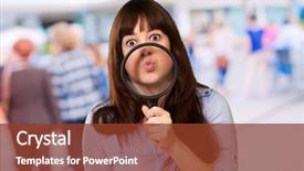  Presentation with blonde holds a magnifying glass - Slides consisting of metal analyzer instrument - woman holding magnifying glass background and a tawny brown colored foreground