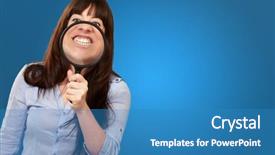  Presentation with blonde holds a magnifying glass - PPT theme with metal analyzer instrument - woman holding magnifying glass background and a  colored foreground