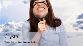  Presentation with instrument - Theme having metal analyzer instrument - woman holding magnifying glass background and a  colored foreground