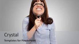  Presentation with blonde holds a magnifying glass - Slides having metal analyzer instrument - woman holding magnifying glass background and a light gray colored foreground