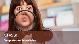  Presentation with blonde holds a magnifying glass - Slide set having metal analyzer instrument - woman holding magnifying glass background and a tawny brown colored foreground