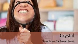  Presentation with blonde holding magnifying glass - Amazing slides having metal analyzer instrument - woman holding magnifying glass backdrop and a red colored foreground