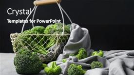  Presentation with fresh green broccoli - Presentation design featuring metal basket with fresh green broccoli and fabric on table background and a dark gray colored foreground