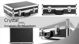  Presentation with metal - Slide set with metal briefcase isolated on white background and a light gray colored foreground