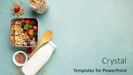  Presentation with healthy breakfast - Slide set consisting of organic food background copy - metal container with ingredients background and a lemonade colored foreground