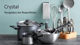  Presentation with cooking utensils - Amazing PPT theme having metal cooking utensils on table backdrop and a light blue colored foreground