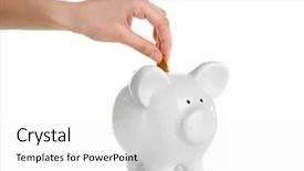  Presentation with banking bank vault door - Audience pleasing PPT layouts consisting of metal cost - hand putting coin into piggy backdrop and a white colored foreground