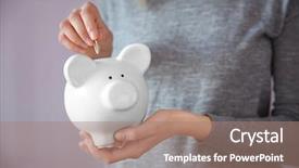  Presentation with piggy bank - Slide deck with metal cost - woman putting coin into white background and a  colored foreground