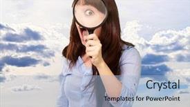  Presentation with blonde holds a magnifying glass - Amazing PPT theme having metal detection - woman holding magnifying glass outdoor backdrop and a light blue colored foreground