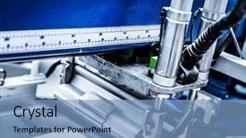  Presentation with press tool - Beautiful presentation design featuring metal industrial machinery and tools backdrop and a light blue colored foreground