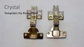  Presentation with casting metal - Slides enhanced with metal-kitchen-cupboards-hinges-isolated background and a light gray colored foreground