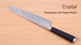  Presentation with metal - PPT theme having metal kitchen knife on wooden background and a  colored foreground
