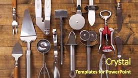  Presentation with utensils - PPT theme consisting of metal-kitchen-utensils-on-table background and a tawny brown colored foreground