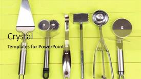  Presentation with utensils - Slide set enhanced with metal kitchen utensils on table close-up background and a yellow colored foreground