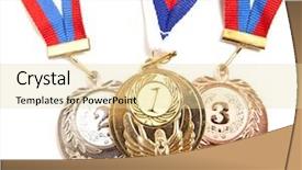 Presentation with medal - Cool new presentation theme with metal medal with tricolor ribbon isolated on white background backdrop and a lemonade colored foreground