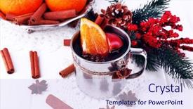  Presentation with color orange - Audience pleasing slides consisting of metal mug of mulled wine with orange and spice and branch of christmas tree on color wooden background backdrop and a sky blue colored foreground