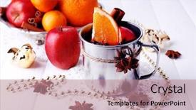  Presentation with mulled wine - Beautiful presentation design featuring metal mug of mulled wine fruits spice and christmas decoration on color wooden background backdrop and a coral colored foreground