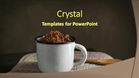  Presentation with kitchen towel - Colorful theme enhanced with metal mug with cocoa powder and wooden spoon on kitchen towel against grunge background backdrop and a wine colored foreground