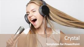  Presentation with microphone and synthesizer on concert - Amazing presentation theme having metal music festival - beautiful young woman with microphone backdrop and a coral colored foreground