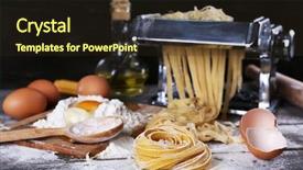  Presentation with pasta - Colorful PPT theme enhanced with metal-pasta-maker-machine backdrop and a wine colored foreground