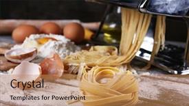  Presentation with pasta - Colorful presentation design enhanced with metal pasta maker machine and ingredients for pasta on wooden background backdrop and a coral colored foreground