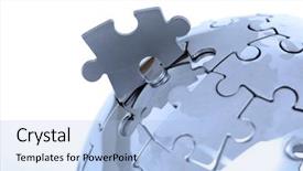  Presentation with world puzzle - PPT theme with metal puzzle globe isolated background and a light blue colored foreground