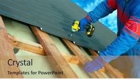  Presentation with drill - Slides consisting of metal roofing job with screw background and a yellow colored foreground