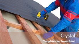  Presentation with drill - Amazing PPT layouts having metal roofing job with screw backdrop and a coral colored foreground