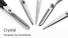  Presentation with five sided blue to white - Slides having metal scissors laying in semicircle background and a white colored foreground