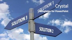  Presentation with solutions - Audience pleasing slide set consisting of metal signpost indicating three solutions backdrop and a ocean colored foreground