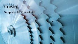  Presentation with blade - PPT theme consisting of metal silver circular saw blades background and a light blue colored foreground